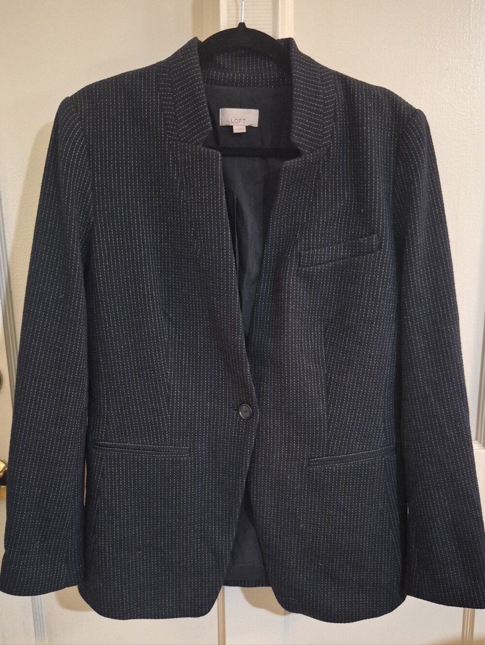 LOFT Navy Charcoal Pinstripe Collarless One-Button Blazer